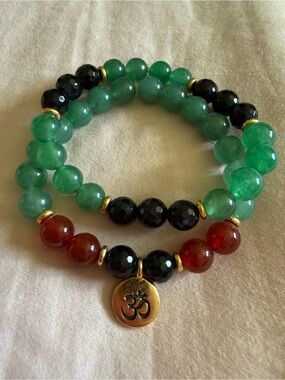 Handmade Gemstone Beaded Stretch Bracelets Gold Om Aventurine Carnelian Onyx